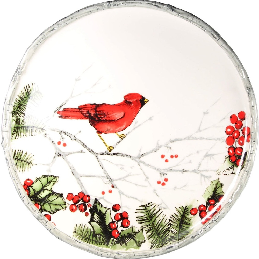 Kirklands Cardinal Holly 8"H Round Salad Plate with Bamboo Rim